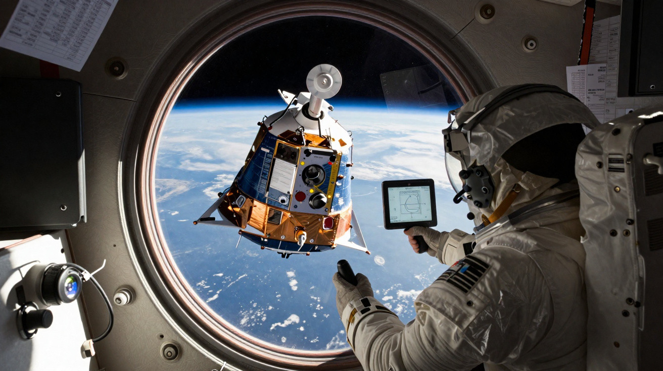 Astronauta em traje espacial observa satélite próximo à janela da nave com a Terra ao fundo.