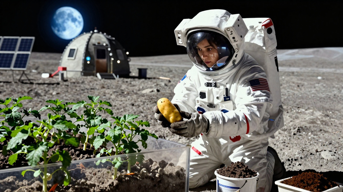 Astronauta feminina colhendo batatas em uma estufa na superfície lunar com base e Terra ao fundo.
