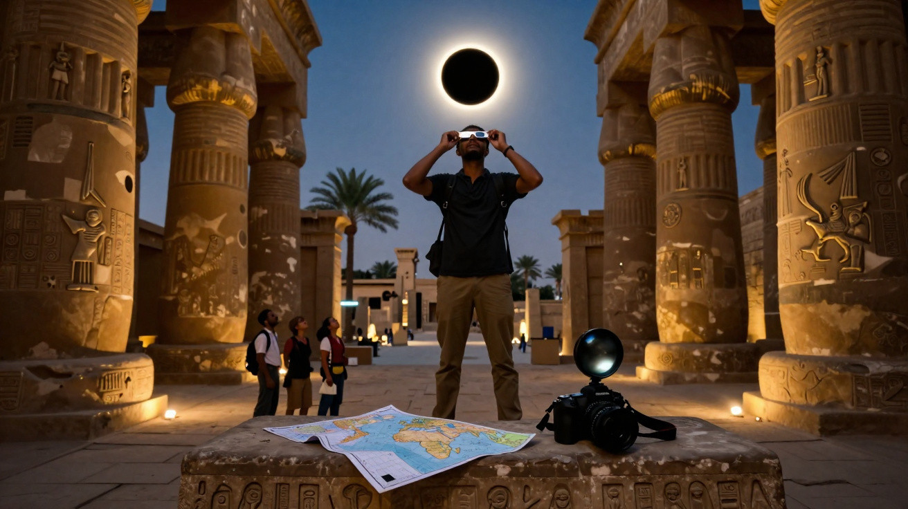 Pessoa usando óculos para observar eclipse solar em templo com colunas e mapas sobre mesa de pedra.