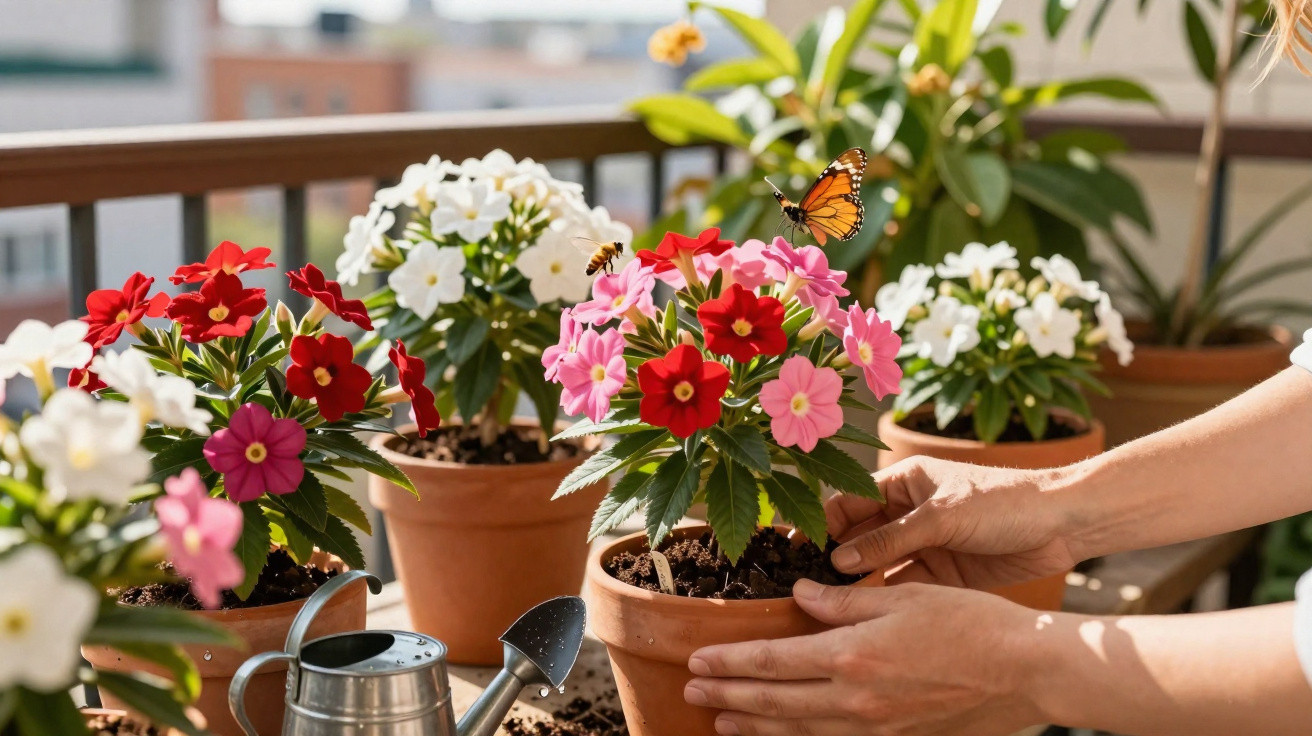 Mãos cuidando de flores coloridas em vasos de barro sobre uma varanda ensolarada com borboleta e regador.