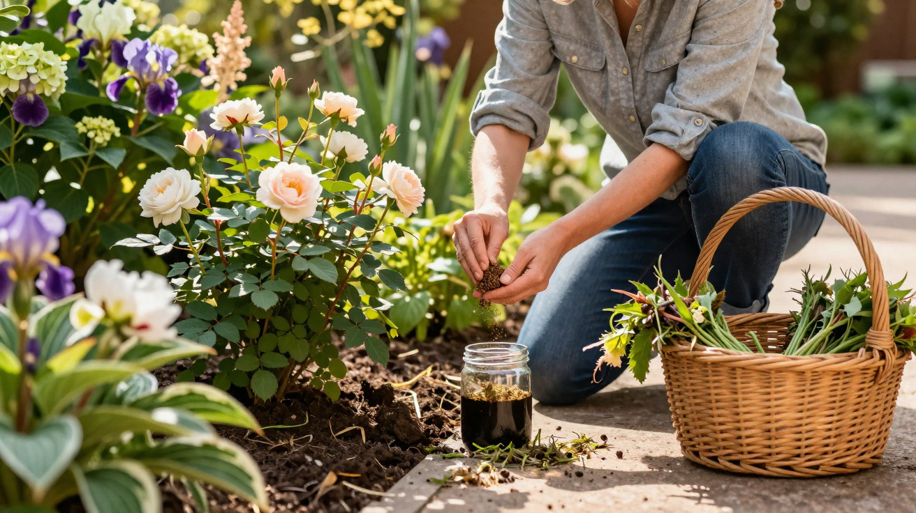 Pessoa fazendo fertilizante natural com cascas de pinha em jardim florido, ao lado de cesta com plantas colhidas.