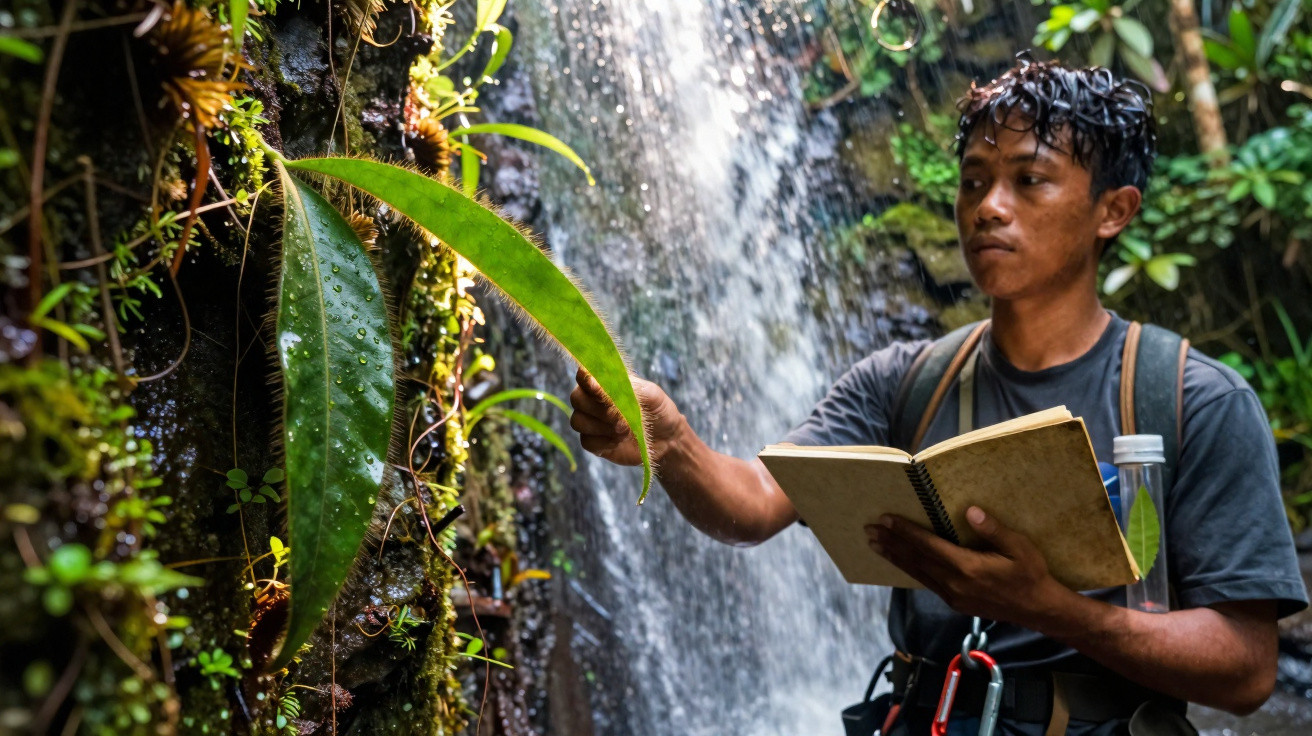 Jovem com caderno observa planta perto de cachoeira em ambiente de floresta úmida e densa.