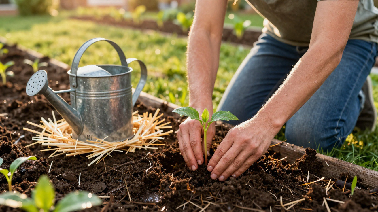 Pessoa plantando muda em canteiro de terra com regador metálico ao lado em jardim ensolarado.