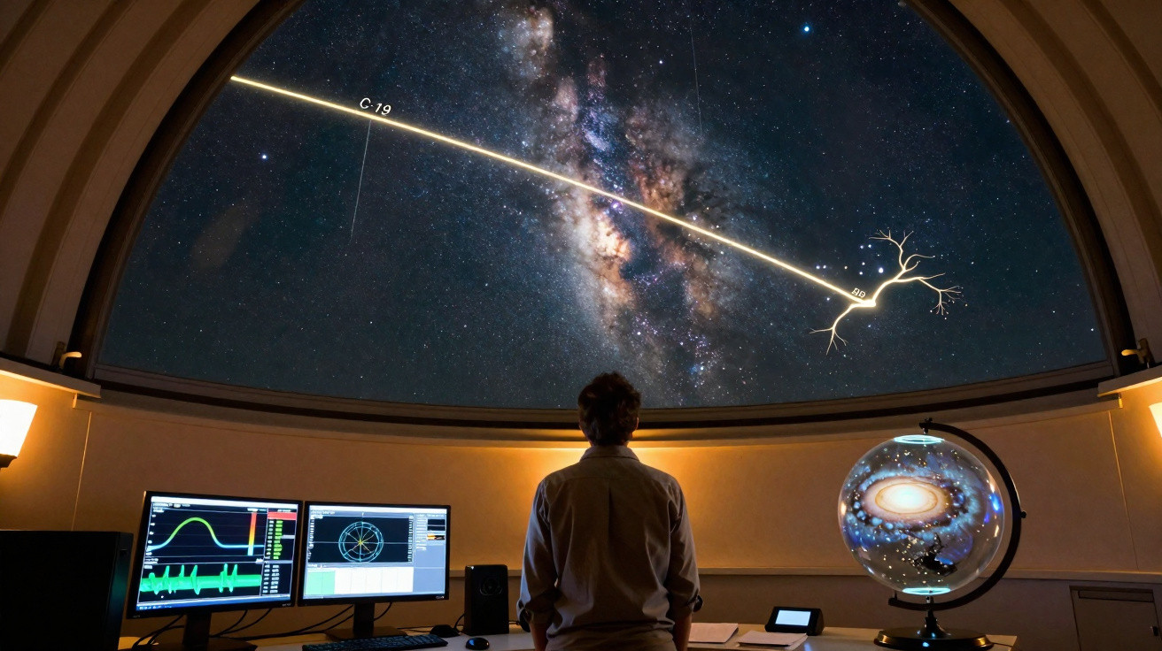 Pessoa observa estrelas e via láctea em cúpula de planetário com gráficos e globo celeste à frente.