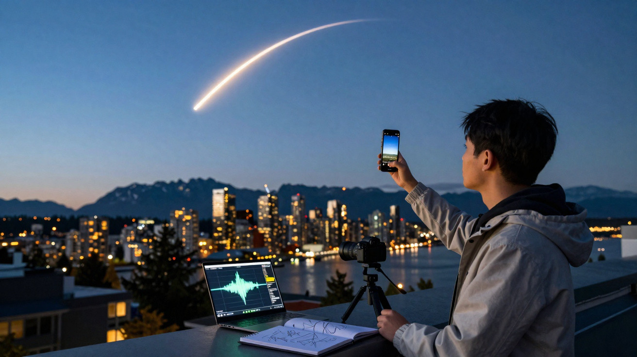 Pessoa fotografando com celular um rastro luminoso no céu noturno sobre cidade iluminada, com laptop e câmera na mesa.