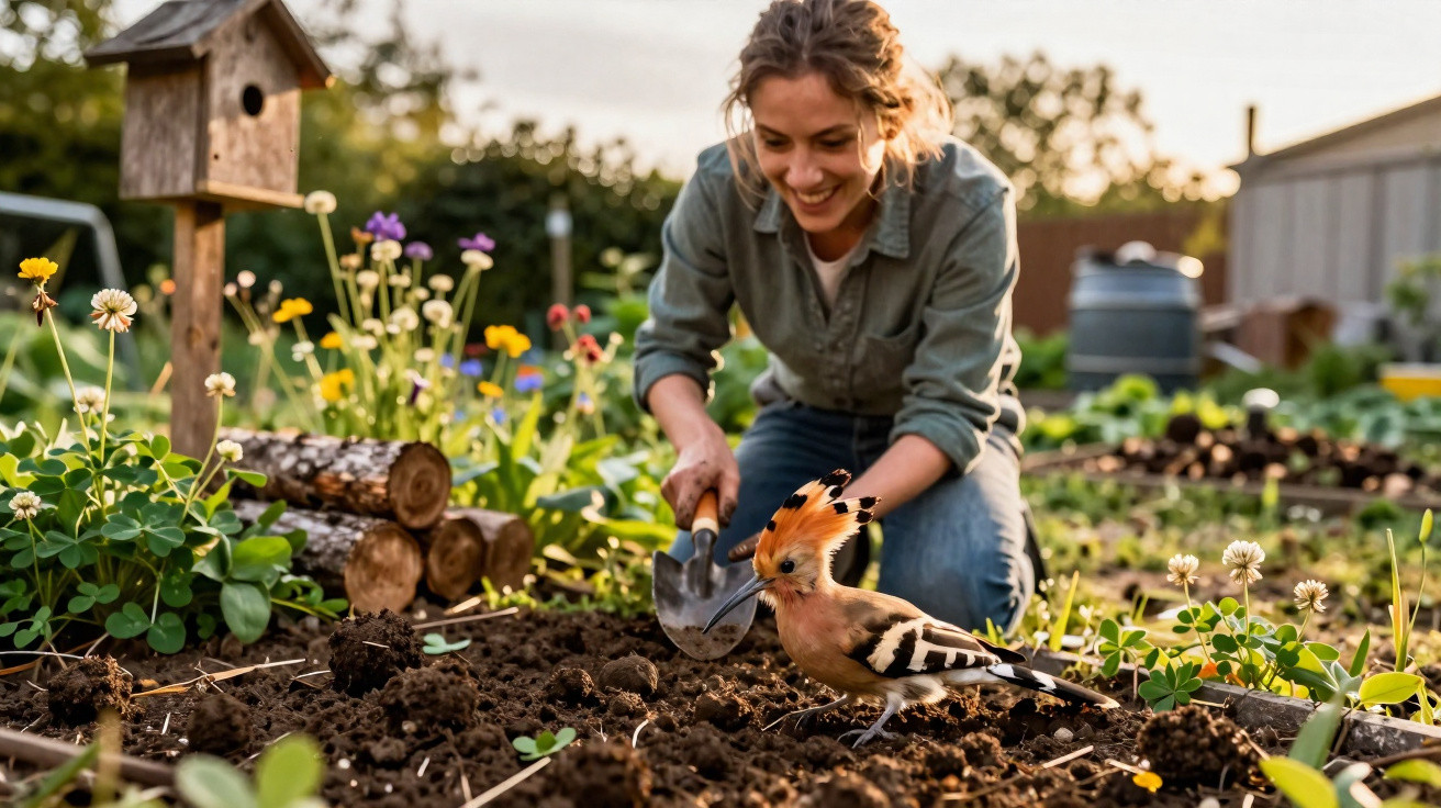 Mulher sorrindo planta em jardim com pá, enquanto um pássaro colorido está no solo próximo.