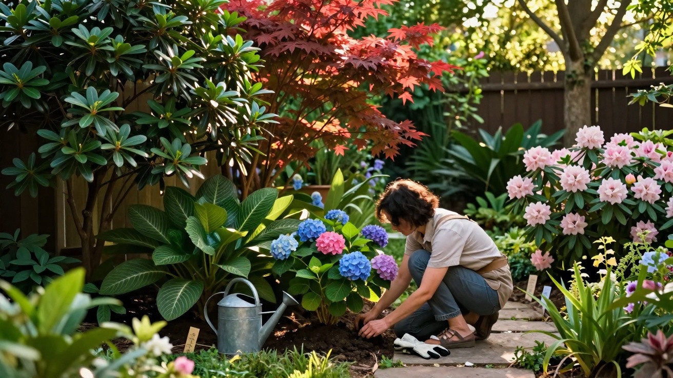 Pessoa cuidadora plantando flores coloridas em jardim com diversas plantas e árvores ao redor.