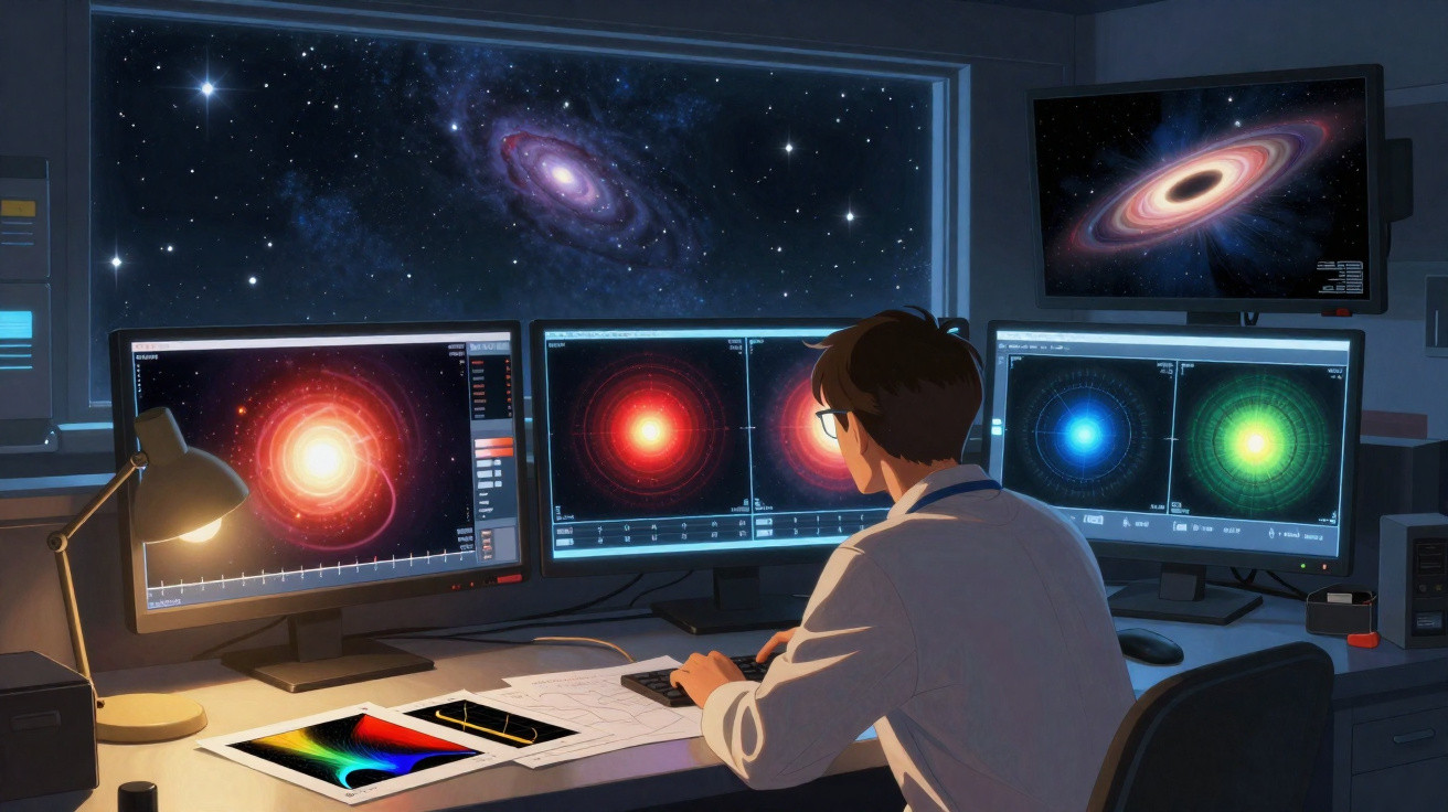 Cientista em laboratório observando imagens de estrelas e galáxias em múltiplos monitores na noite.