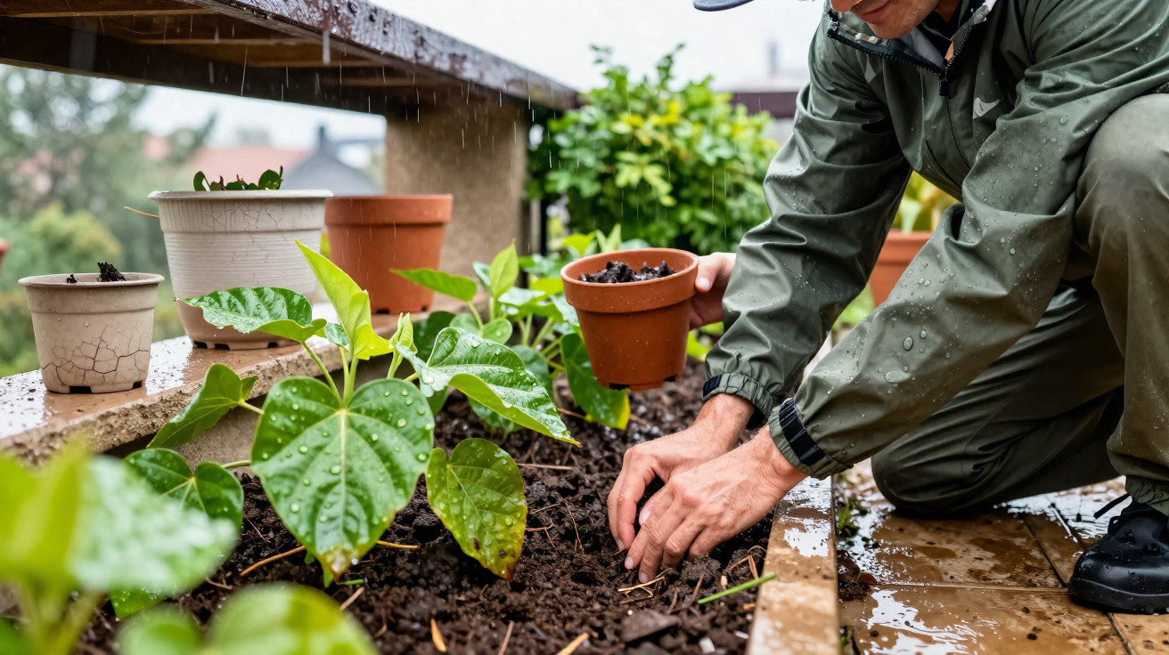 Pessoa plantando mudas em canteiro molhado na chuva, com vasos de plantas ao fundo.