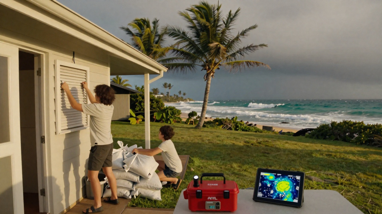 Duas pessoas fechando janelas e empilhando sacos na casa, com equipamento de monitoramento e mar agitado ao fundo.