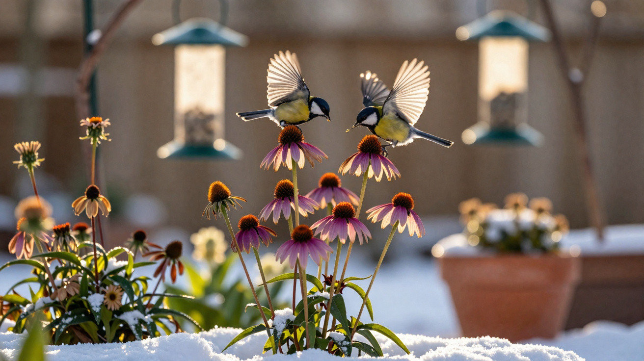 Dois pássaros voando sobre flores roxas em meio à neve com comedouros de pássaros ao fundo.