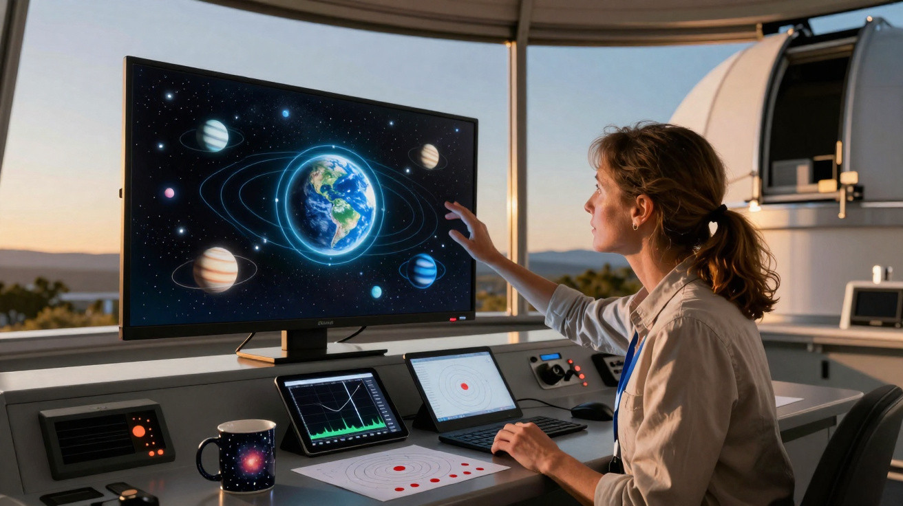 Mulher em observatório interagindo com tela digital mostrando planetas do sistema solar.