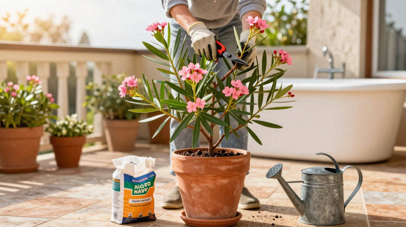 Pessoa podando flor rosa em vaso de barro, ao lado de regador e adubo em varanda ensolarada.