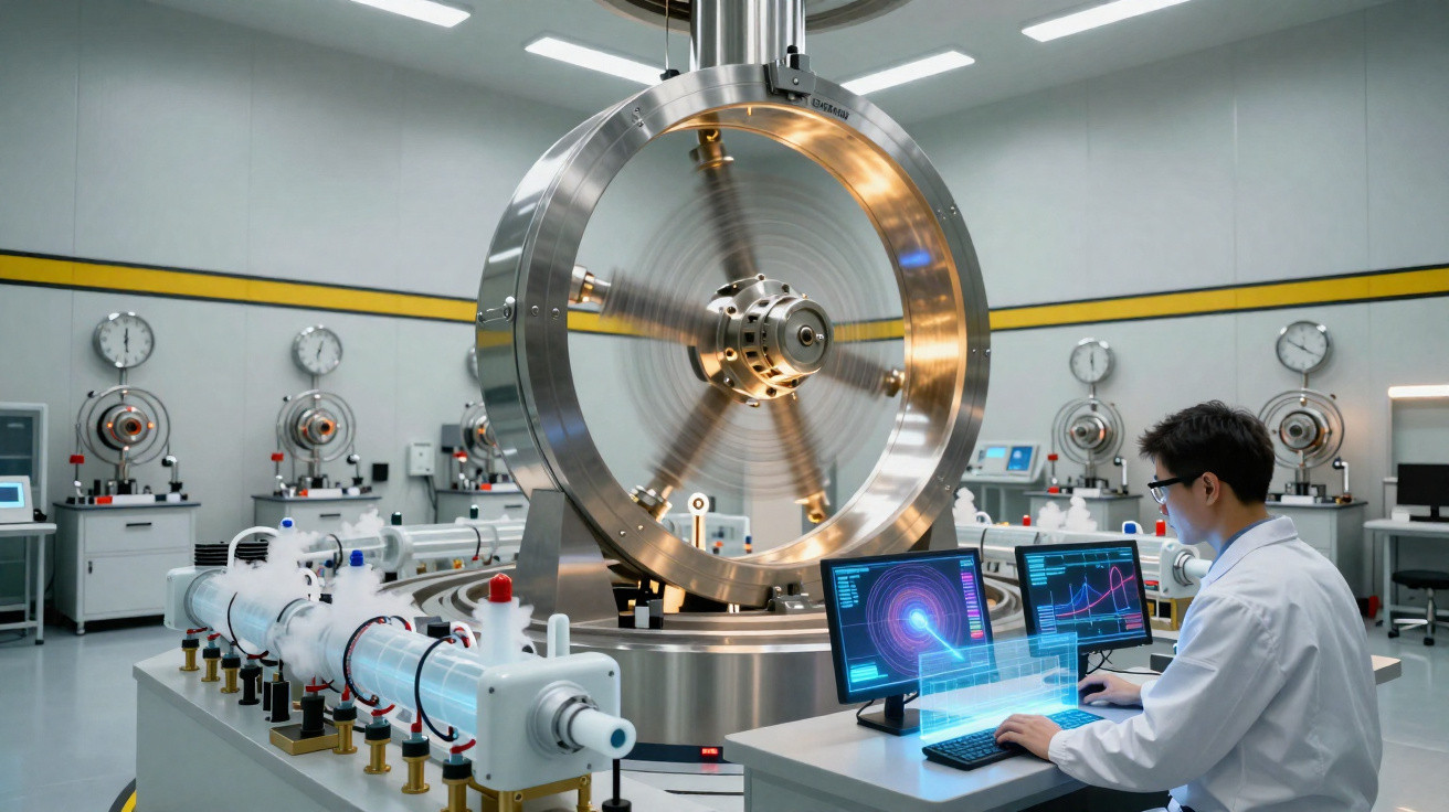 Cientista operando computador em laboratório com equipamentos avançados e grande rotor metálico girando rápido.