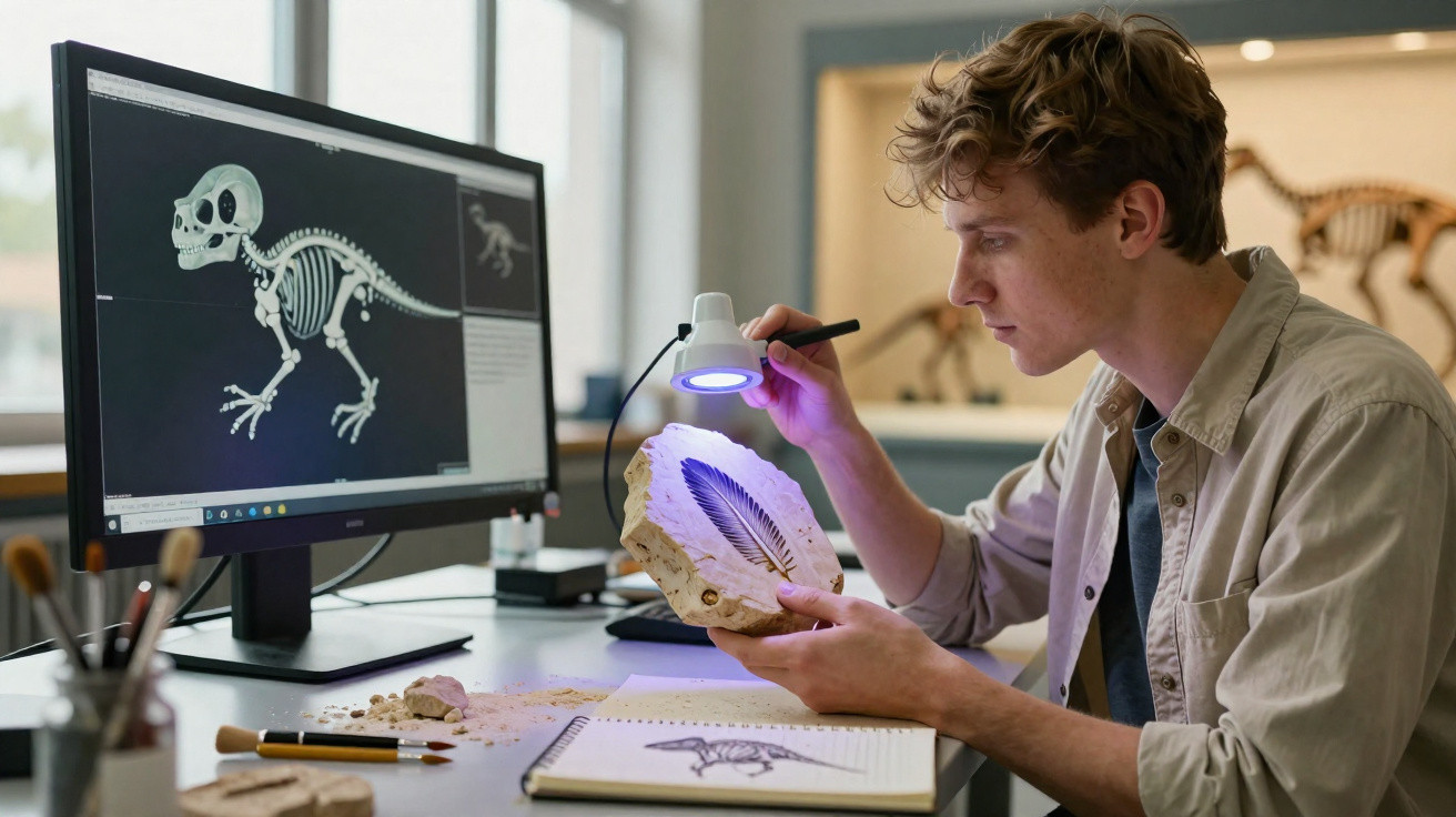 Jovem estudioso analisa fóssil de folha com luz especial, com esqueleto de dinossauro na tela do computador.