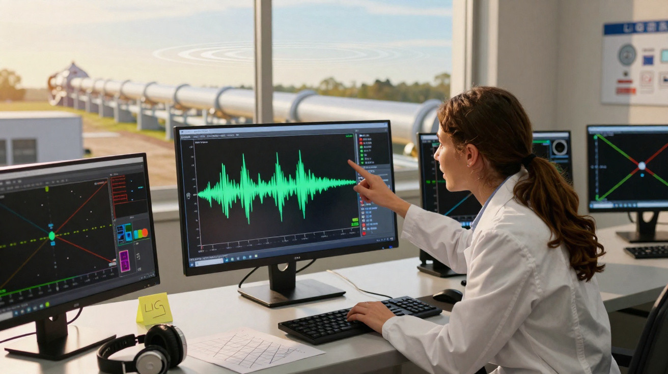 Mulher em jaleco analisando ondas sonoras em monitor de computador em laboratório moderno.