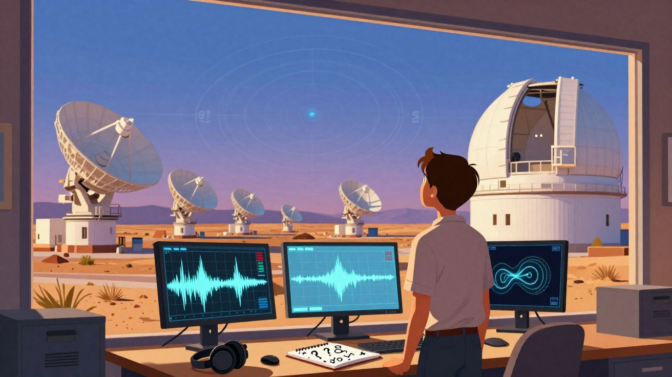 Jovem observa várias antenas parabólicas e telas com gráficos em centro de observação astronômica.