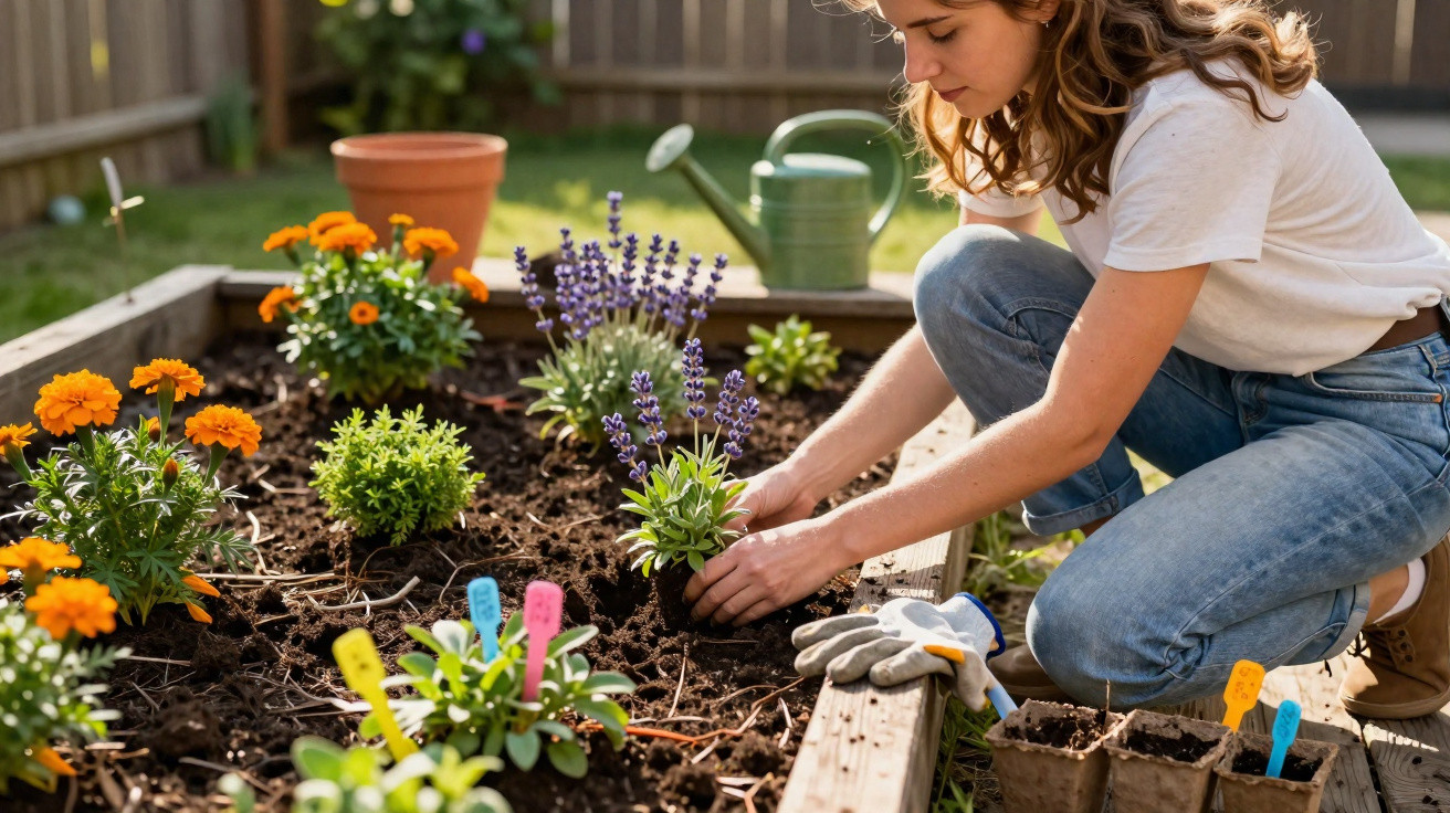 Mulher plantando flores em canteiro de jardim com plantas coloridas e regador ao fundo.