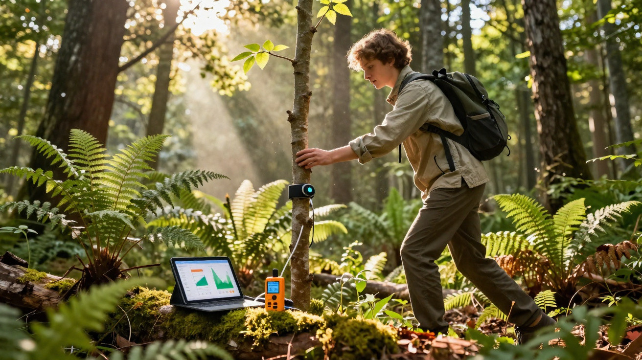 Jovem registra dados ambientais com equipamentos eletrônicos em floresta iluminada pelo sol.