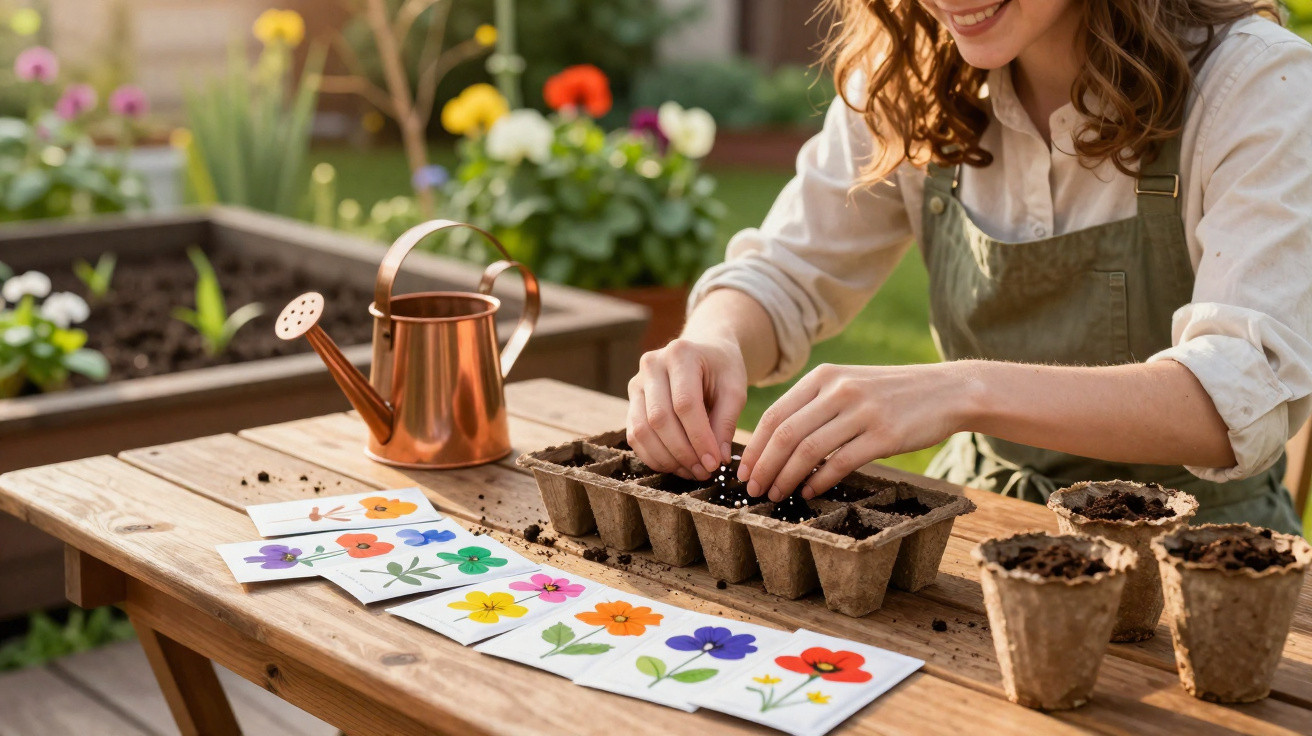Mulher plantando sementes em bandeja de vasos com regador e envelopes coloridos de sementes sobre mesa de madeira.