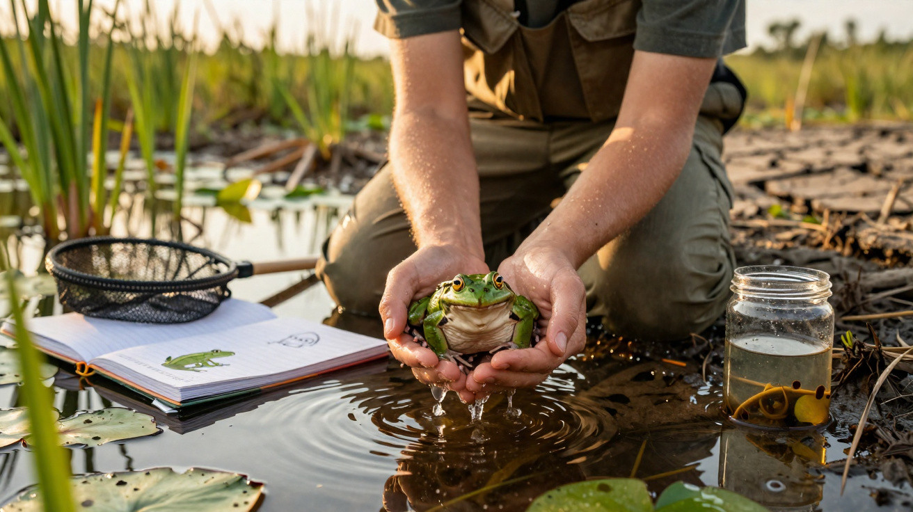 Pesquisador segura um sapo verde em um lago, com caderno de anotações e pote de coleta ao lado na água.