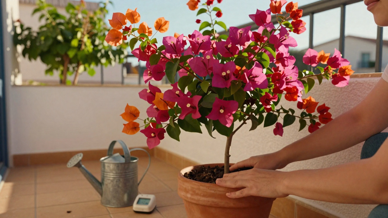 Pessoa cuidando de planta com flores cor de rosa e laranja em vaso de barro em varanda com regador ao fundo.