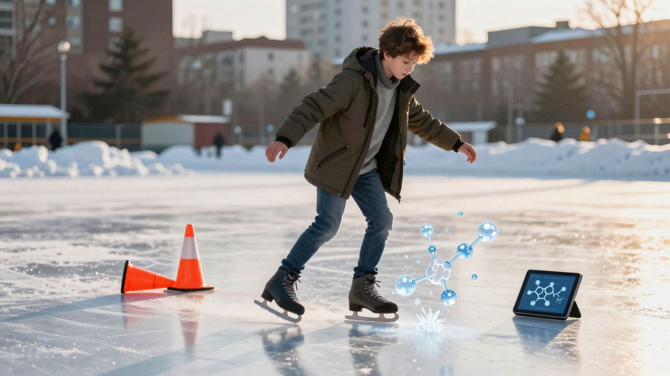 Criança patinando no gelo observa molécula holográfica projetada por tablet em pista externa com cones laranjas.