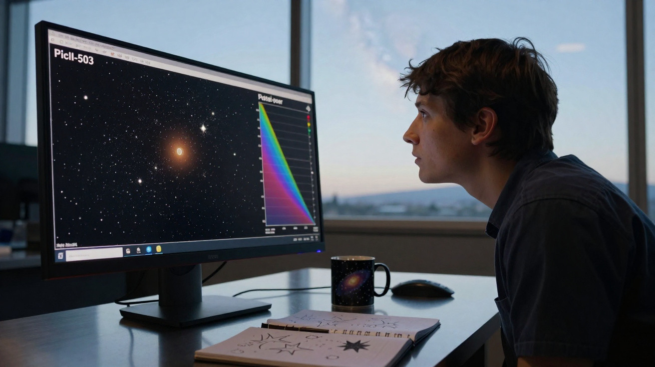 Pessoa observando imagens de estrelas e gráficos em um monitor em ambiente interno ao entardecer
