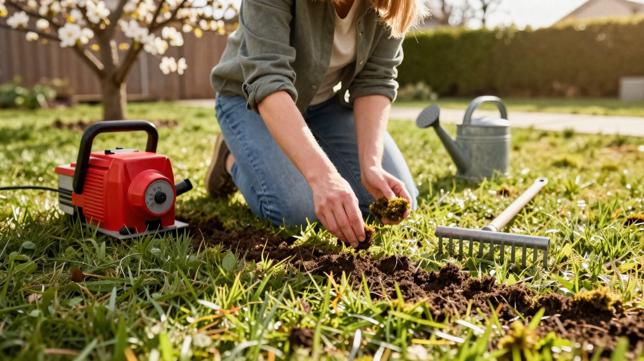 Pessoa ajoelhada plantando mudas em jardim com regador, rastelo e soprador de folhas ao lado.