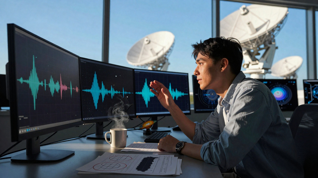 Homem analisando gráficos de ondas sonoras em múltiplos monitores com antenas parabólicas ao fundo.