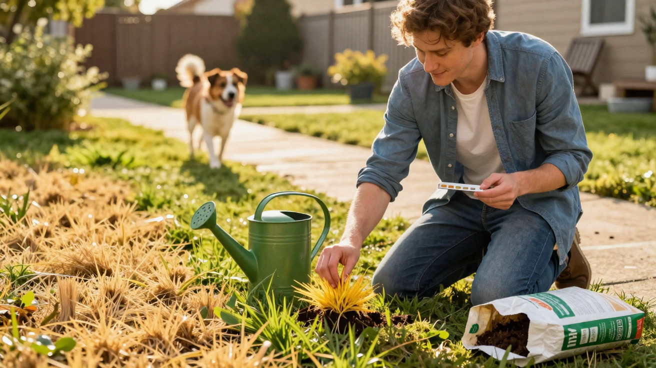 Jovem regando plantas amareladas no jardim com regador verde, com cachorro ao fundo em casa.
