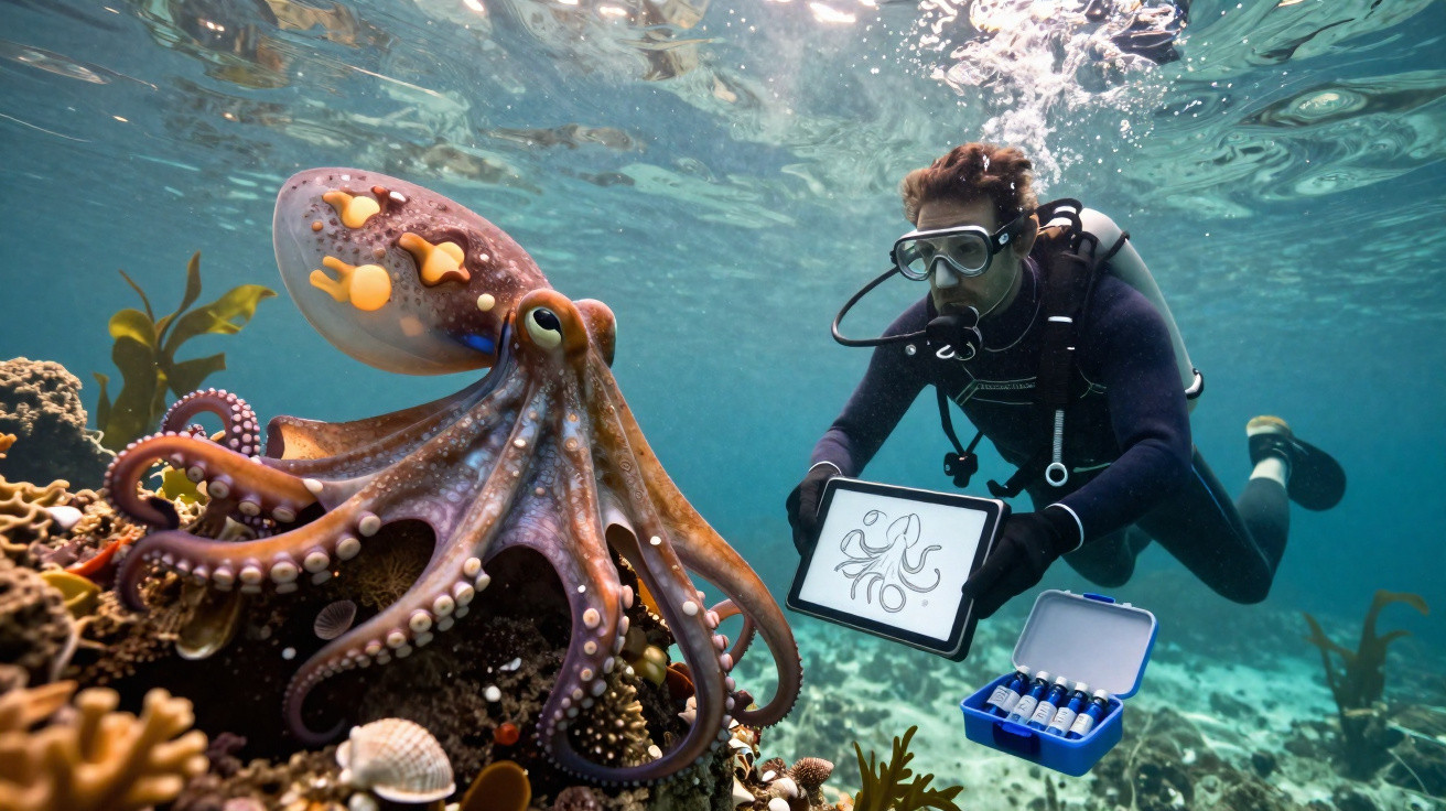Mergulhador com tablet exibindo desenho de polvo interage com polvo colorido no fundo do mar.