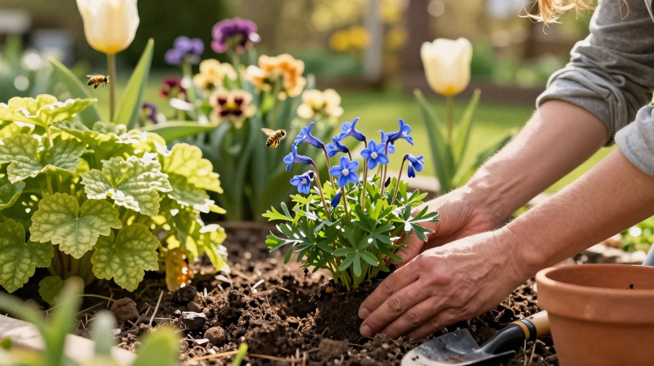 Mãos plantando flores azuis em jardim com abelhas voando e outras flores ao fundo em dia ensolarado.