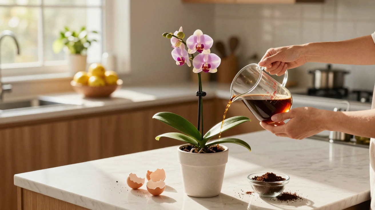 Pessoa regando orquídea com café passado em jarra medidora na cozinha com ovos e borra de café na bancada.
