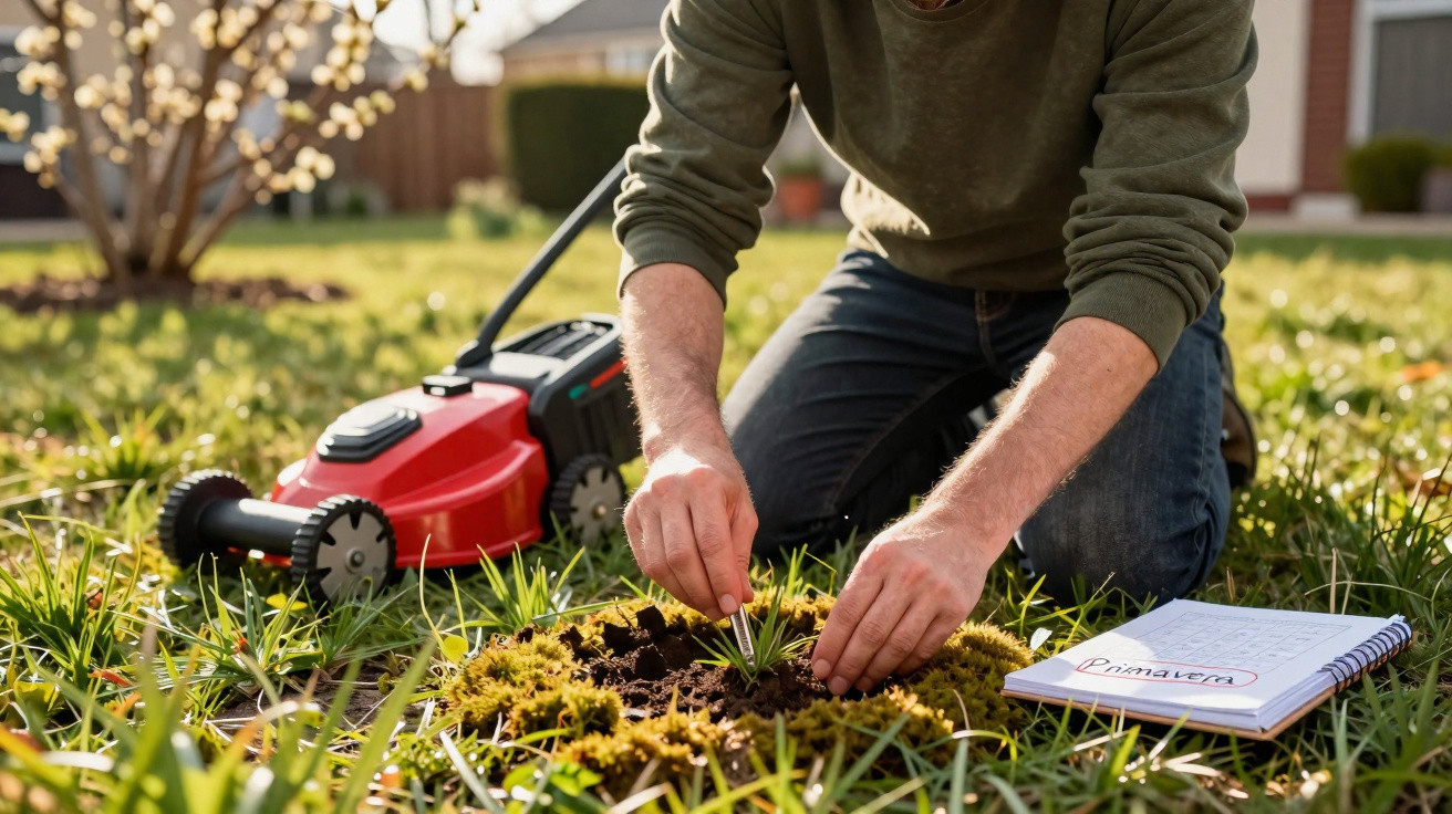Pessoa plantando muda em jardim com cortador de grama vermelho e caderno ao lado.