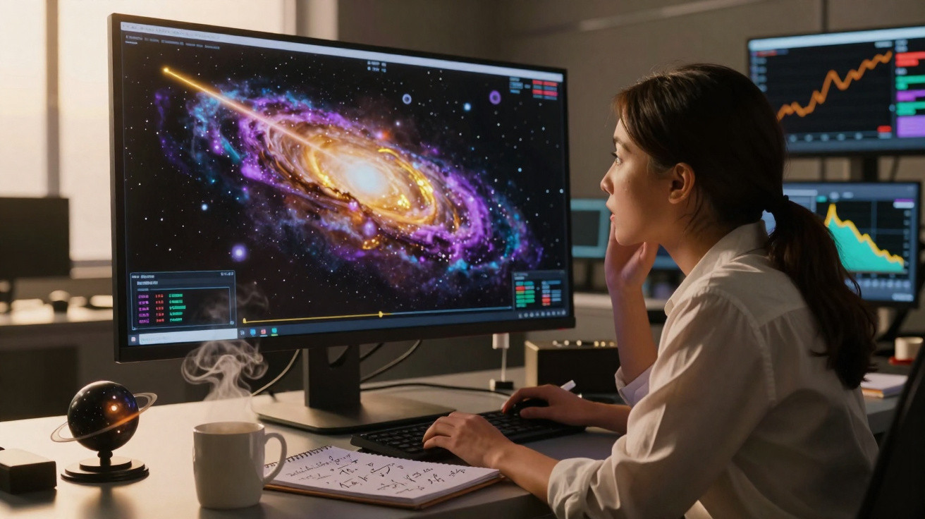 Mulher analisando imagem de galáxia no computador em ambiente de trabalho com gráficos e anotações.