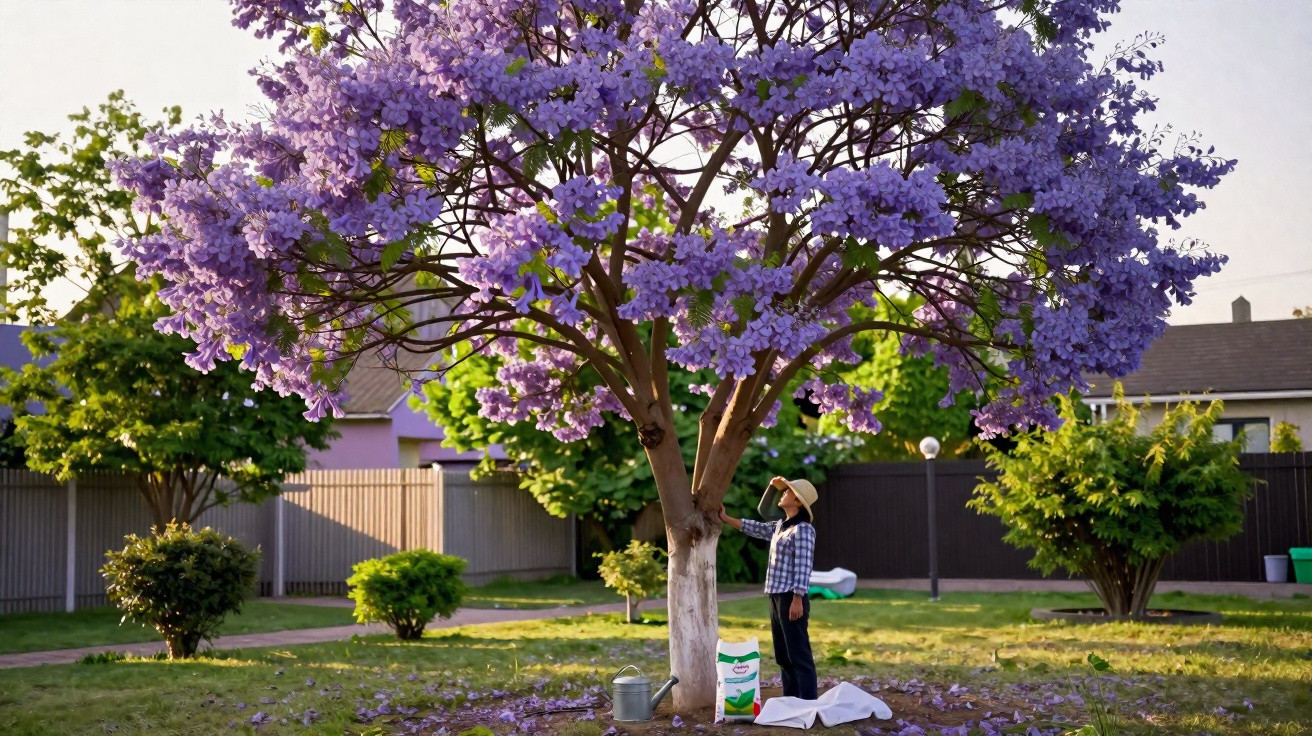 Pessoa com chapéu toca árvore florada de jacarandá roxa em jardim residencial ao entardecer.