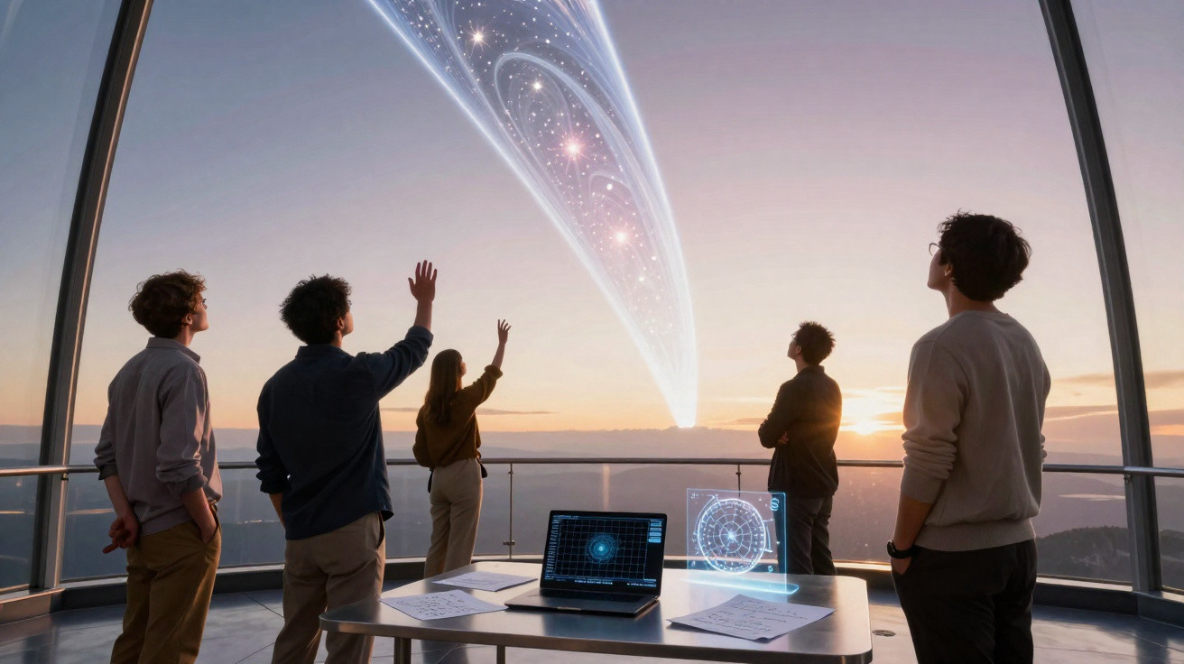 Cinco pessoas observam holograma de constelação espacial em grande janela com vista panorâmica ao pôr do sol.