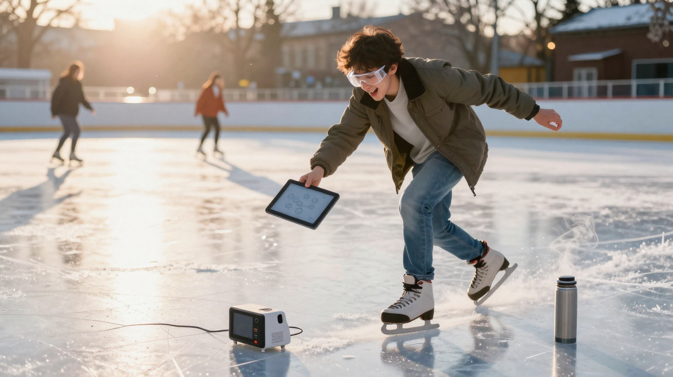Jovem patinando no gelo segurando tablet perto de projetor e garrafa térmica ao ar livre.