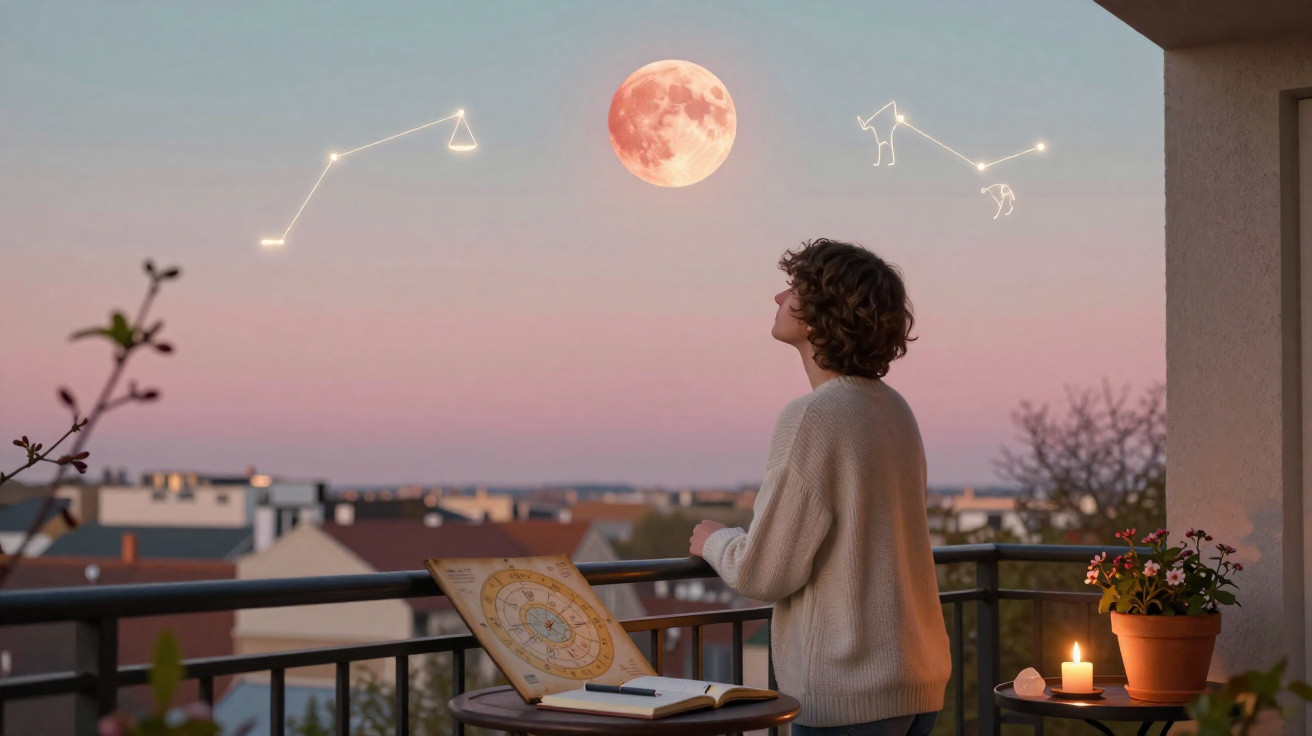 Pessoa observa a lua cheia e constelações com livro e vela em varanda ao pôr do sol.