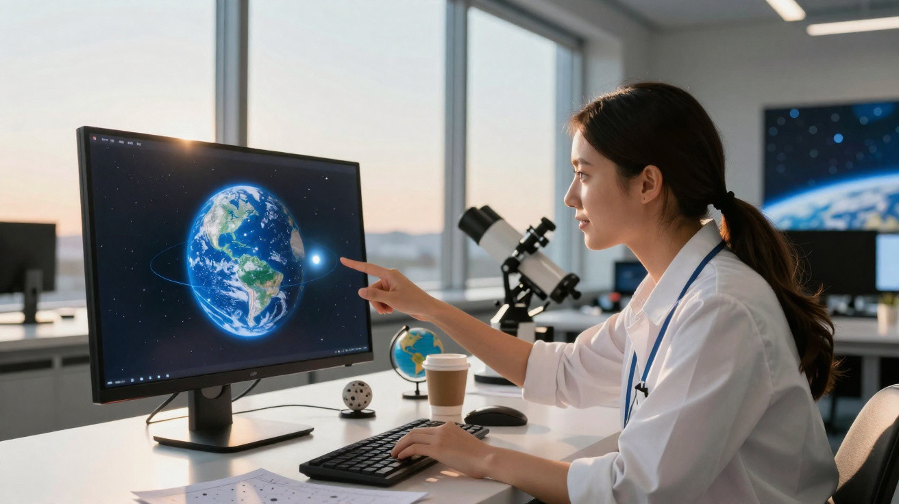 Mulher jovem estudando imagem da Terra em computador, com telescópio e globo na mesa.
