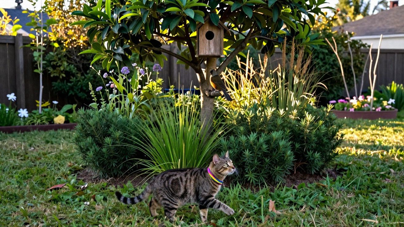 Gato de colar colorido caminhando em jardim com árvores, arbustos e casa de passarinho em árvore.