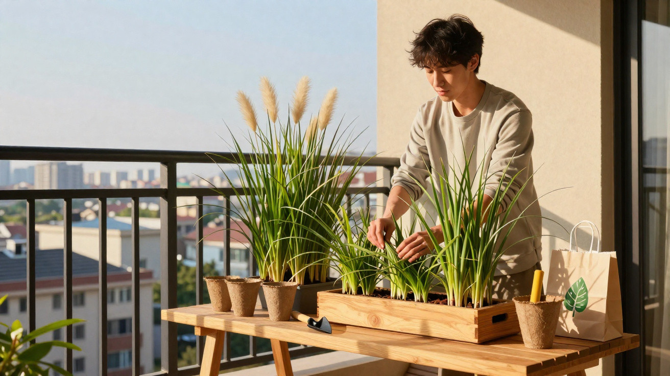 Pessoa cuidando de plantas em varanda com mesa de madeira e cidade ao fundo em dia ensolarado.
