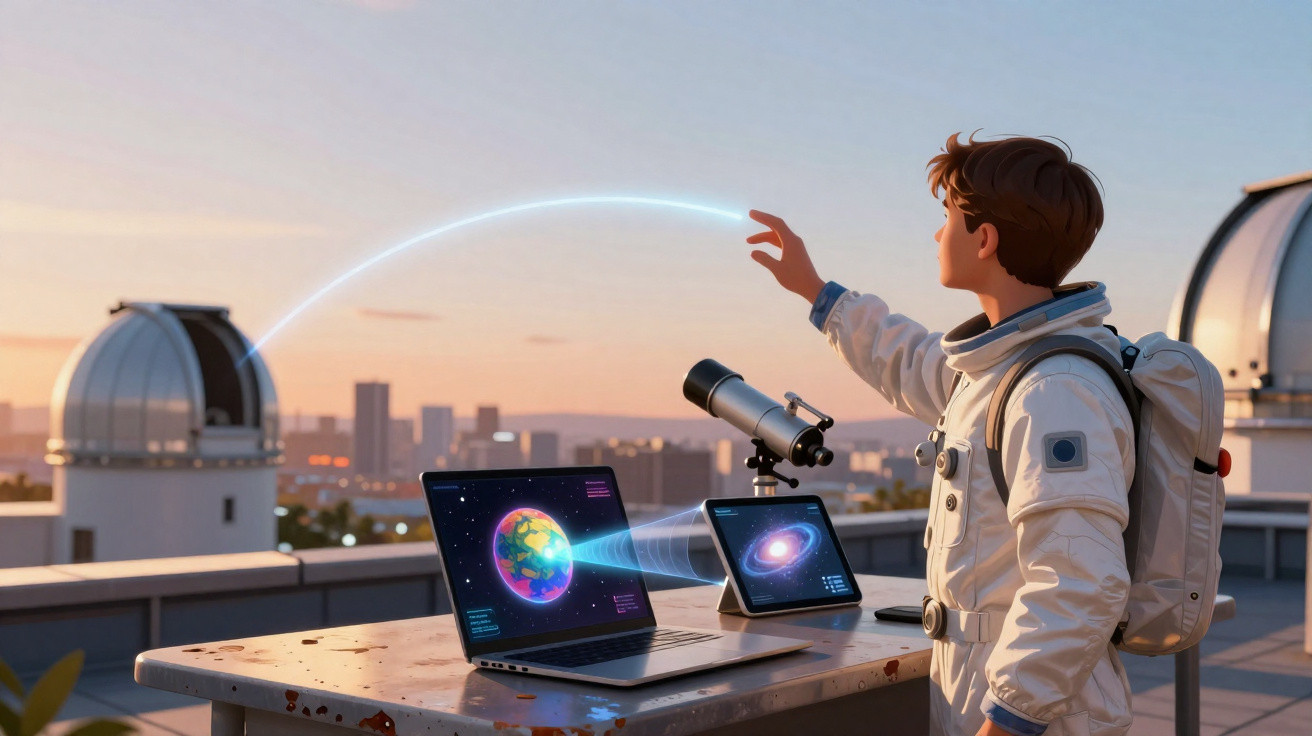 Criança com roupa de astronauta explora imagens virtuais do espaço em laptop e tablet no terraço de um observatório.
