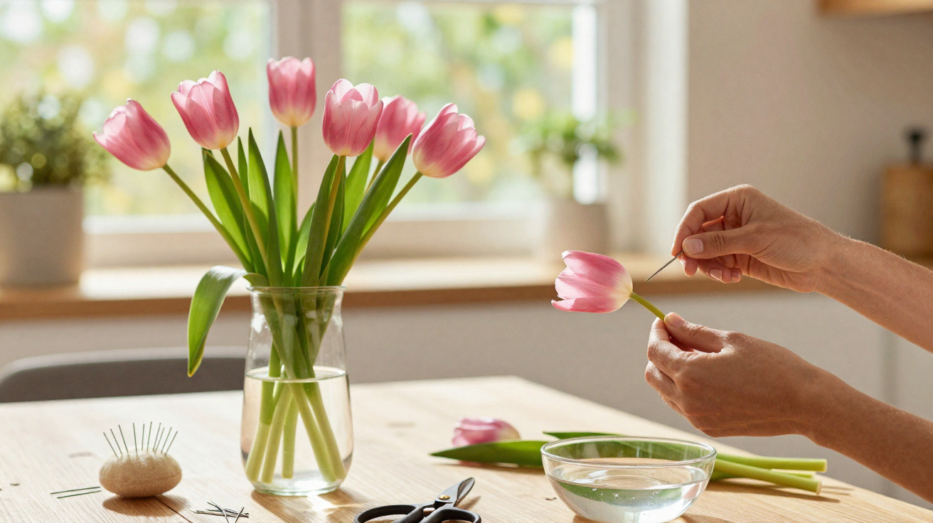Arranjo de tulipas rosas em vaso de vidro com mãos cuidados florais em mesa iluminada pela janela.