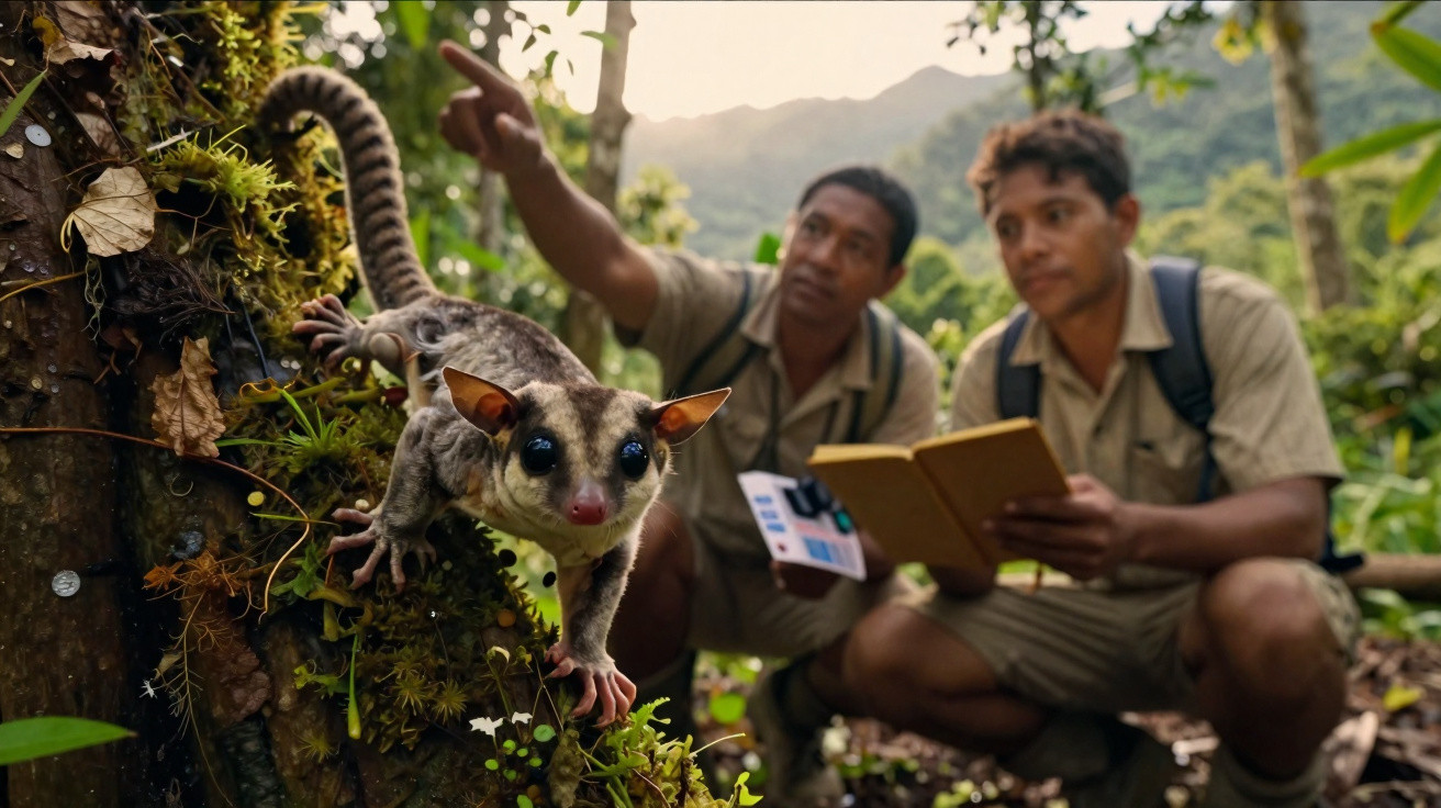 Primeiro plano de um sagui em árvore, com dois biólogos observando e anotando dados em floresta tropical.