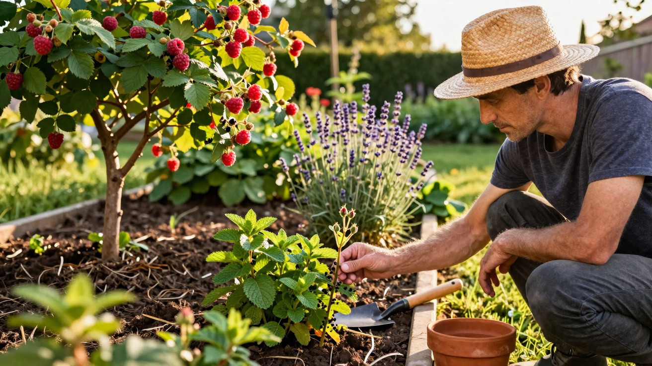 Homem de chapéu cuidando de plantas em uma horta com framboesas e flores ao fundo.