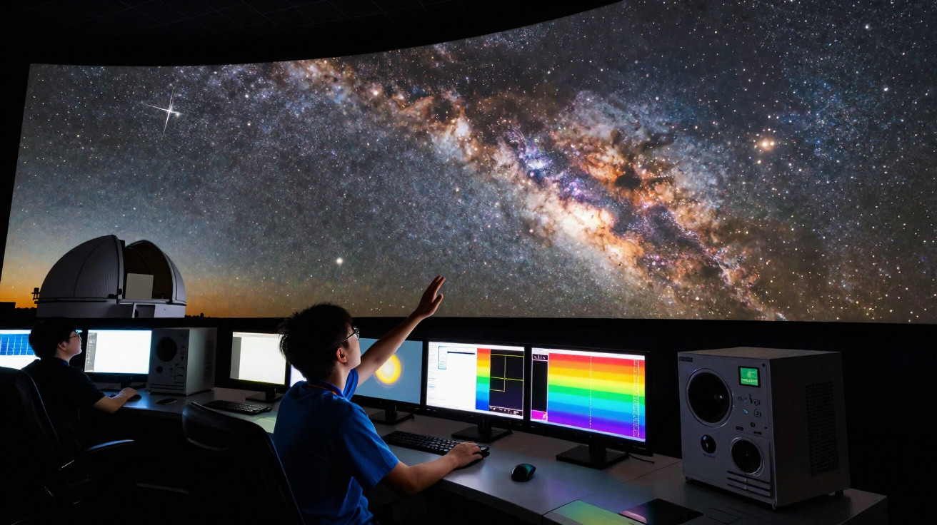 Pessoas observando a Via Láctea projetada em cúpula de planetário com múltiplos monitores e equipamentos técnicos.