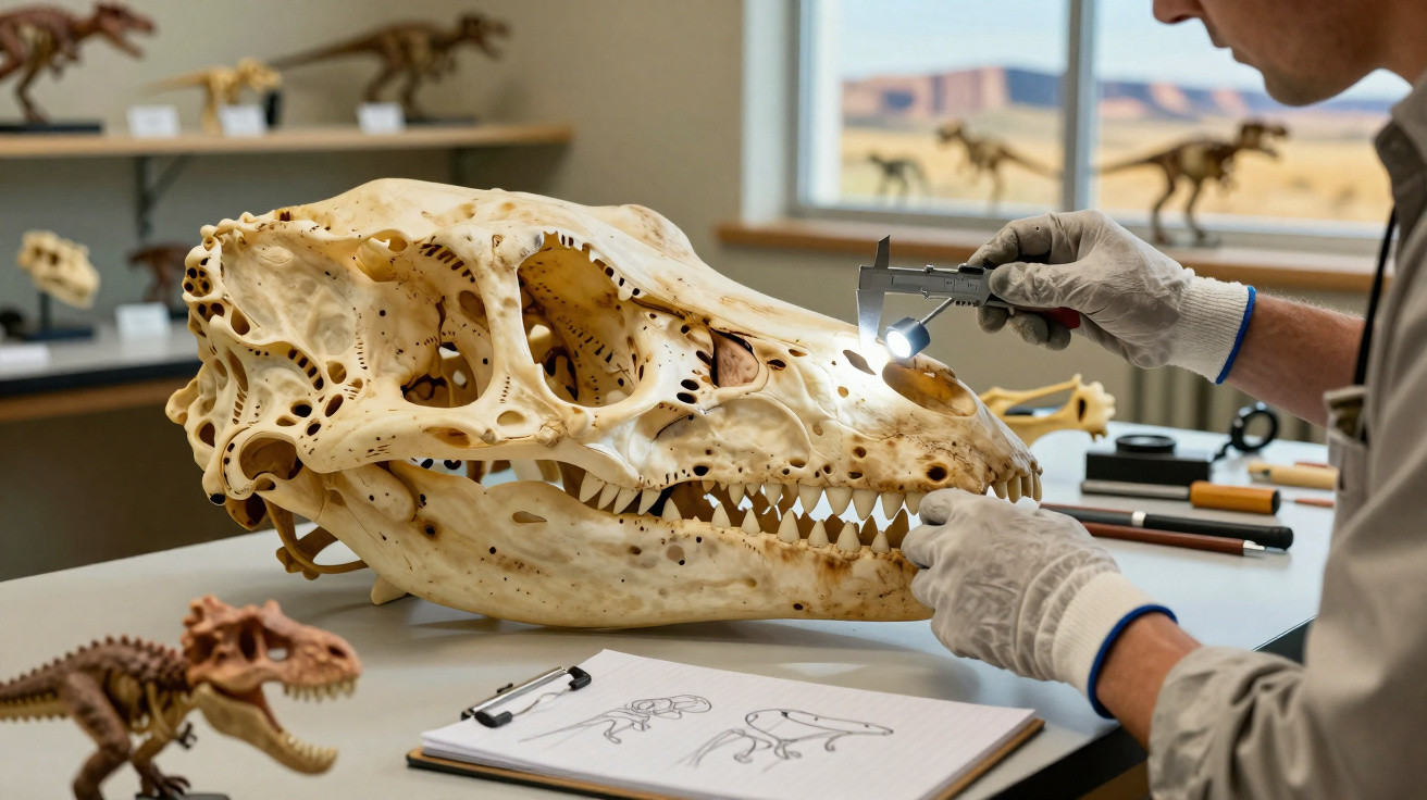 Pesquisador com luvas medindo crânio de dinossauro em laboratório com modelos e esboços.