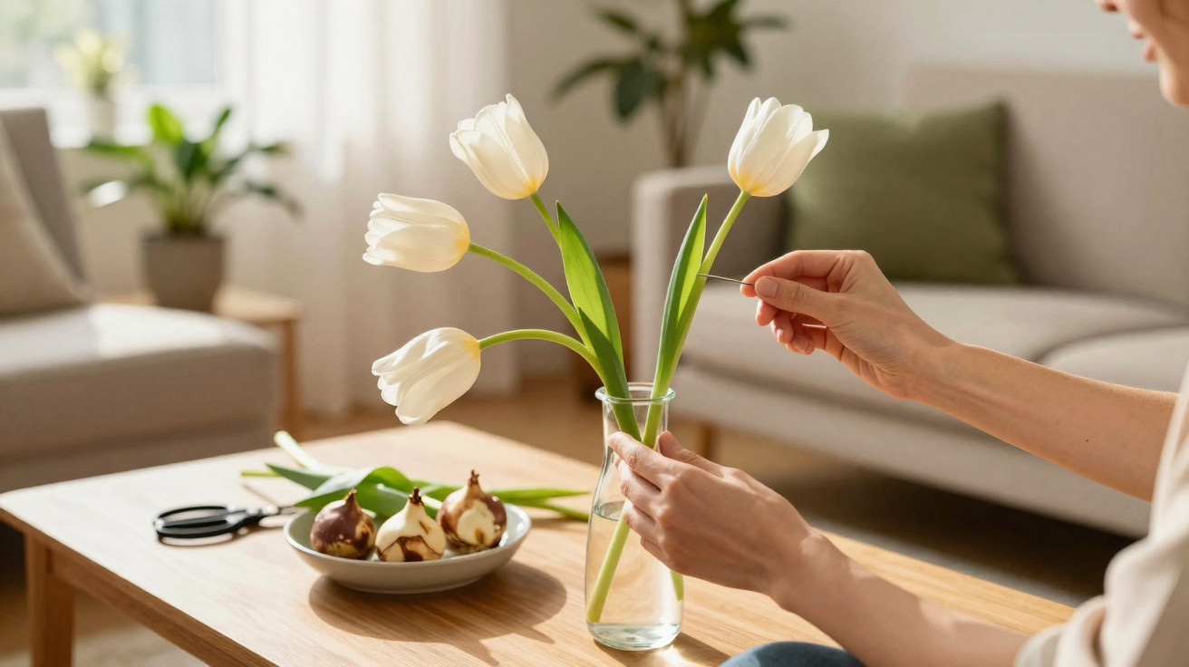 Pessoa arrumando tulipas brancas em vaso de vidro sobre mesa de madeira em sala de estar acolhedora.